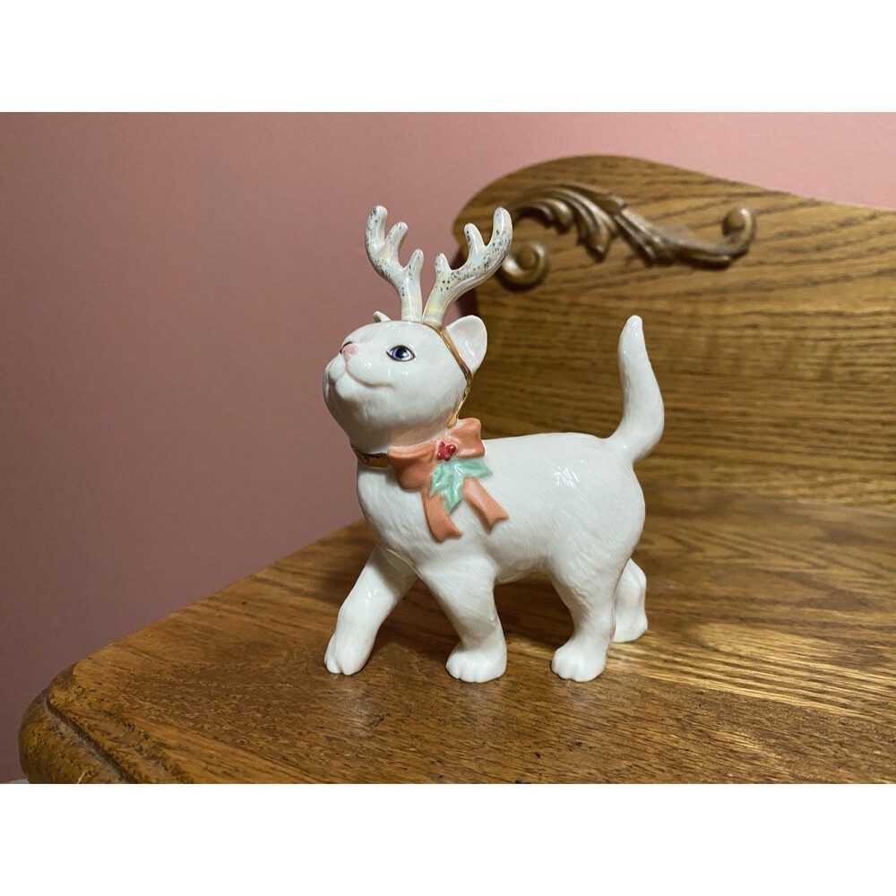 Lenox Porcelain Cat Figurine w/ Antlers & Bow, White Gold Pink Green, Glossy